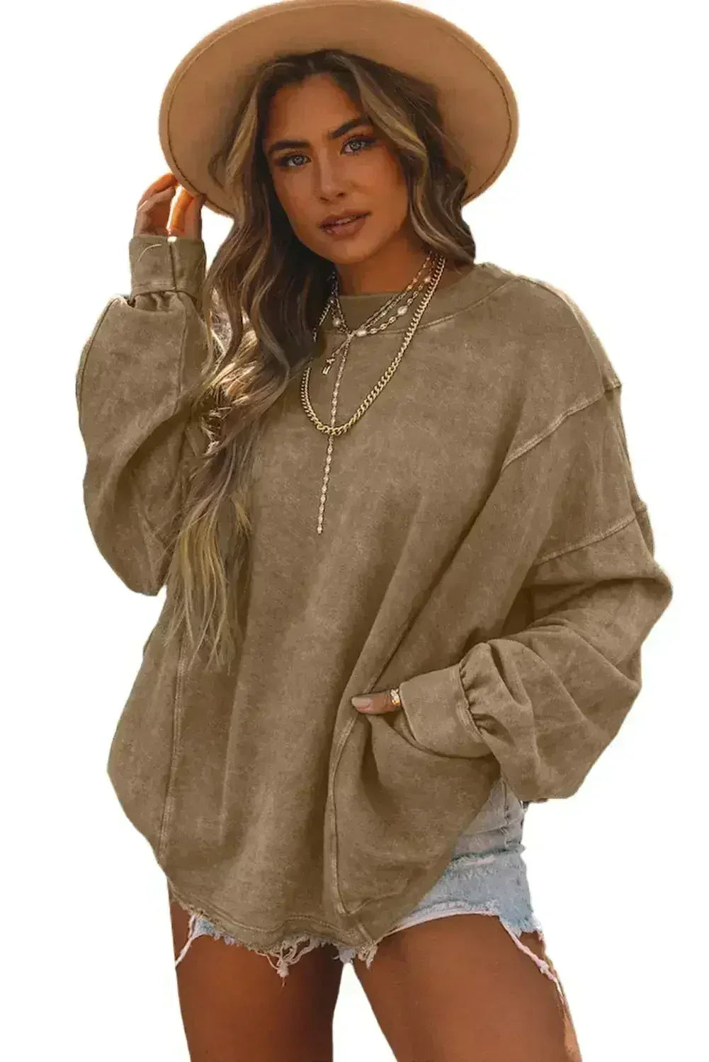Khaki Exposed Seam Twist Open Back Oversized Sweatshirt