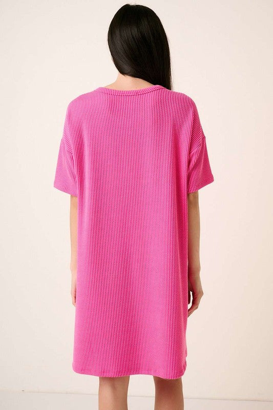 Urban Rib Knit Short Sleeve Tee Dress For Women – Casual and Chic Ribbed Knit Dress with Slit and Pockets For Everyday Outfit