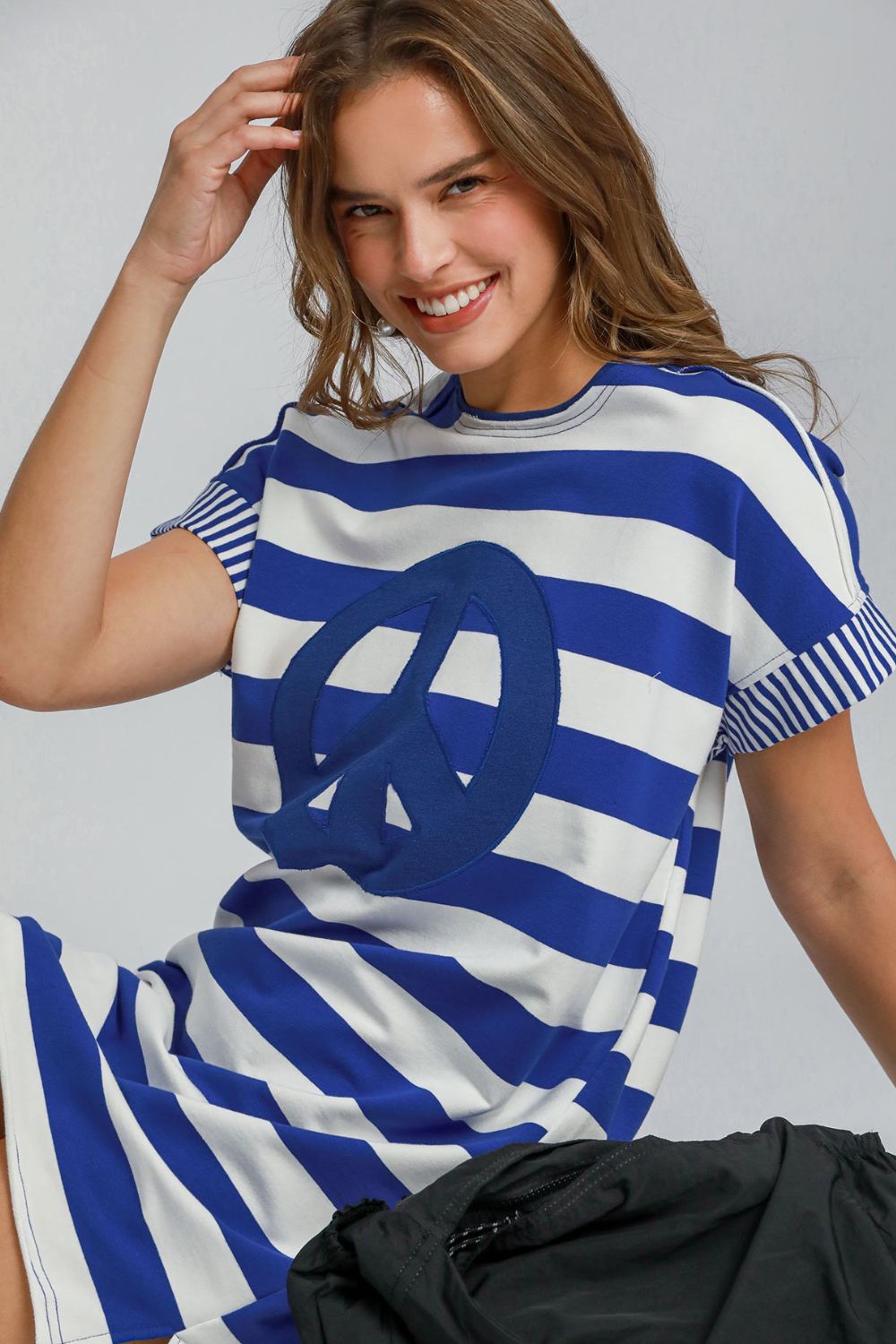 Peace Applique Striped Short Sleeve Mini Dress – Fun Peace Sign Detail, Striped Pattern, High-Low Design for a Trendy and Versatile Look