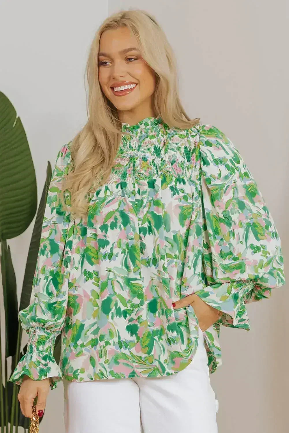 Leaf Print Flounce Sleeve Blouse - Botanical Top | Femstylo