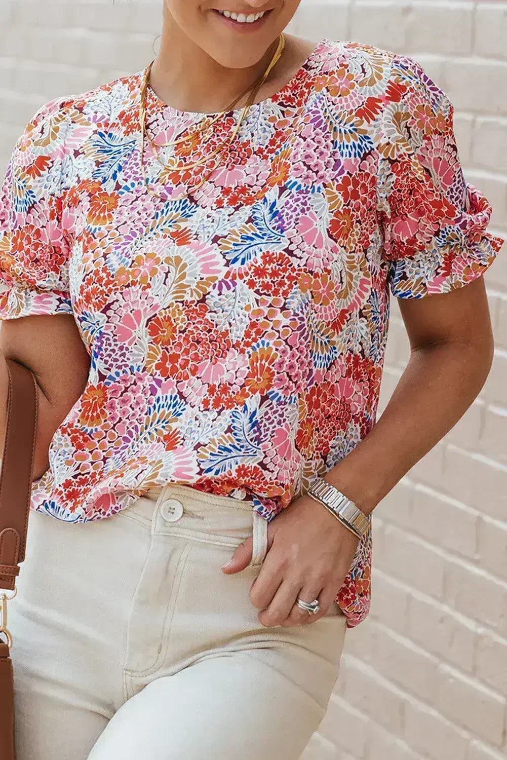 Floral Bubble Sleeve Blouse - Multicolor Print Top | Femstylo