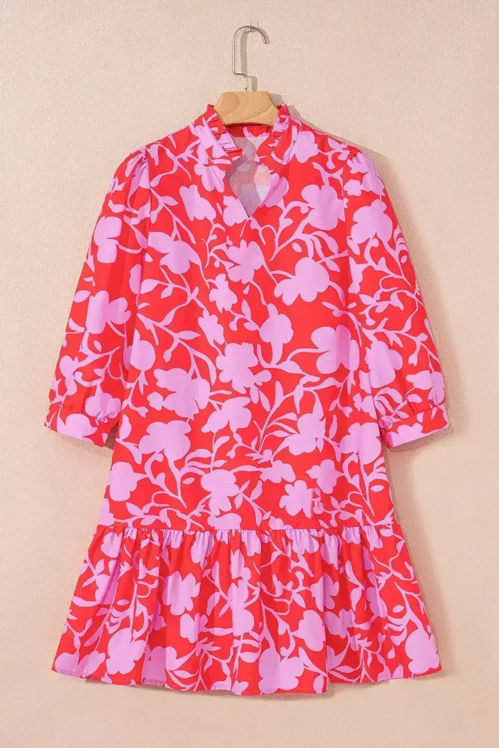 Red Floral 3/4 Sleeve Ruffle Hem Mini Dress