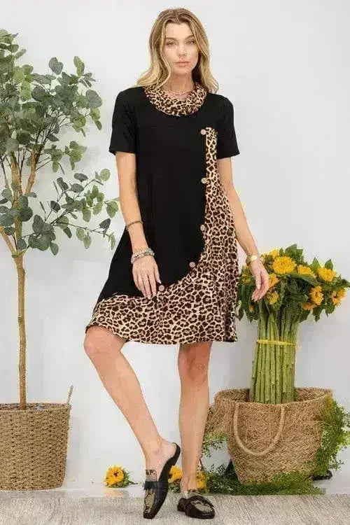Leopard Print Button Detail Short Sleeve Dress Plus Size - Femstylo