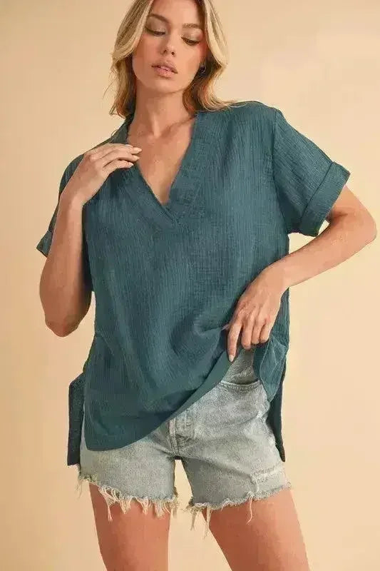 Side Slit V-Neck Blouse - Chic 100% Cotton Top | Femstylo