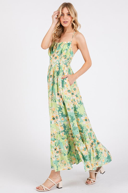 New Summer  Floral Smocked Back Ruffled Hem Maxi Cami Dress – Bohemian Elegance, Feminine, Flowy, Comfortable, Effortlessly Chic