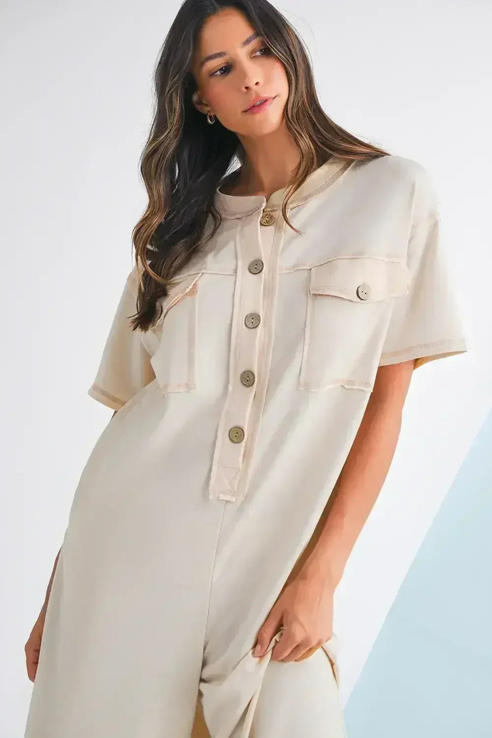 Jet Stream Patchwork Pocket Short Sleeve Jumpsuit