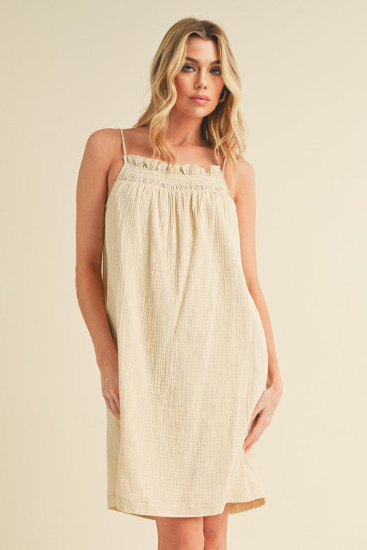 Embroidered Trim Gauze Square Neck Mini Cami Dress For Women – Feminine, Elegant & Stylish with Delicate Details