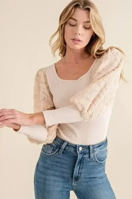Textured Puff Sleeve Bodysuit | Lace Detail Blouse Bodysuit - Femstylo