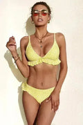 Yellow Plaid Ruffle Trim Triangle Bikini Set