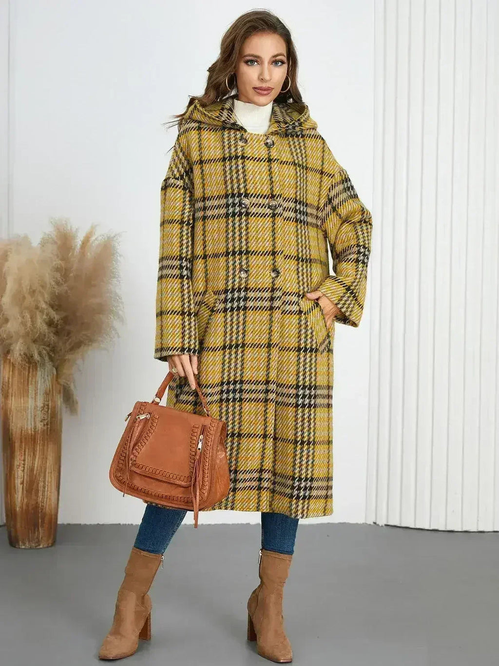 Plaid Double-Breasted Long Sleeve Longline Coat