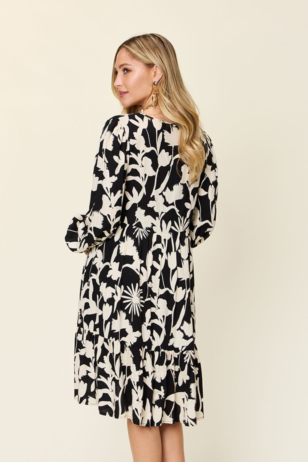 Double Take Full Size Printed Ruffle Hem Dress with Pocket Stylish & Functional Women Dress