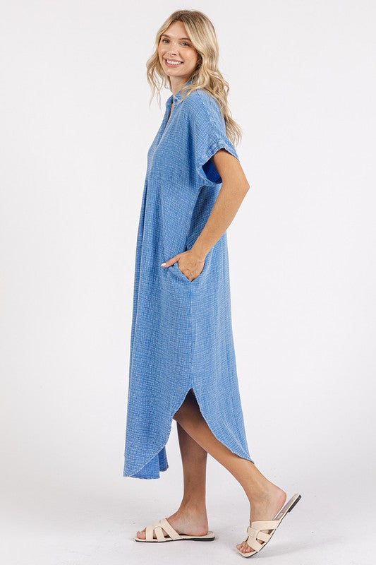 Mineral Wash V-Neck Button-Up Midi Shirt Dress – Trendy, Casual, Lived-In Look with Classic Button Details for Effortless Style