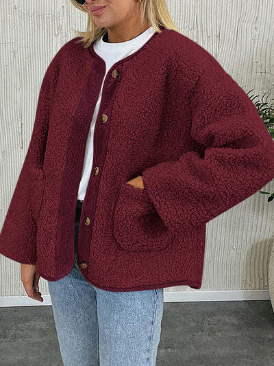 Modern Cozy Women Luxuriously Cozy Contrast Button Up Sherpa Jacket with Pockets For Fall & Winter