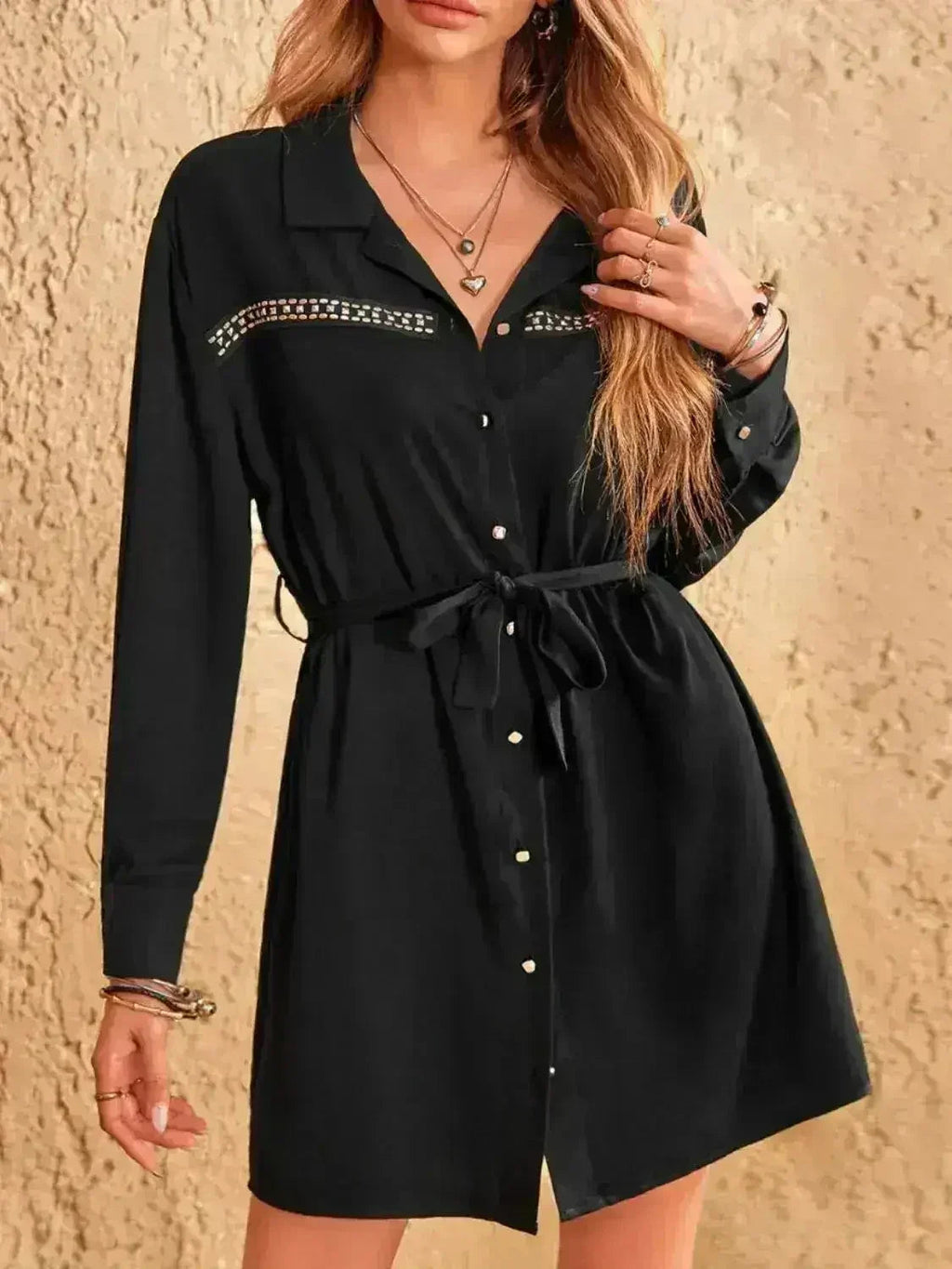 Collared Mini Dress - Rhinestone Accent Dress | Femstylo