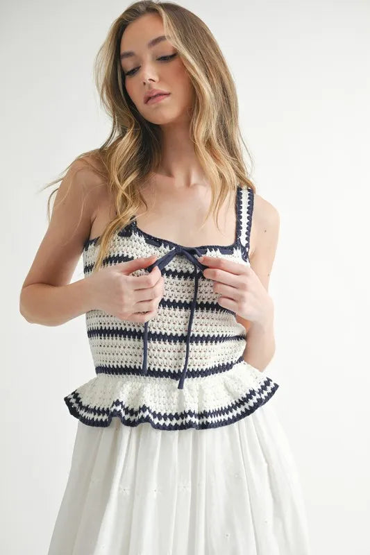 Crochet Stripe Knit Eyelet Mix Midi Dress – Crochet Midi Dress, Stripe Knit Dress, Eyelet Mix Dress, Trendy Midi Dress, Versatile Midi Dress