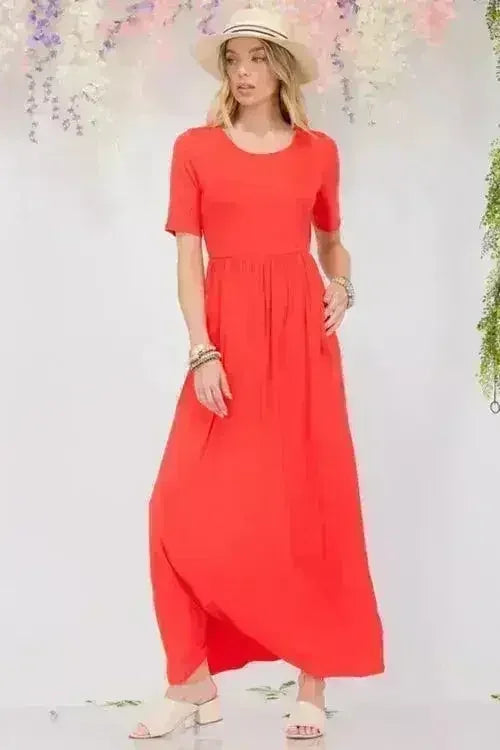 Round Neck Short Sleeve Maxi Dress with Pockets Plus - Femstylo