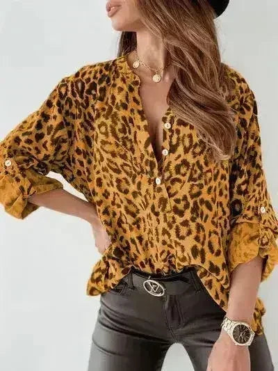 Leopard Button Detail Notched Long Sleeve Blouse | Femstylo