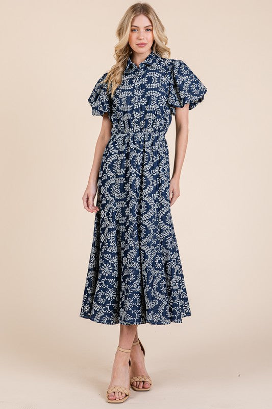 Natural Leaf Pattern Eyelet Lace Puff Sleeve Dress For Women – Elegant and Feminine Eyelet Lace Dress with Puff Sleeves