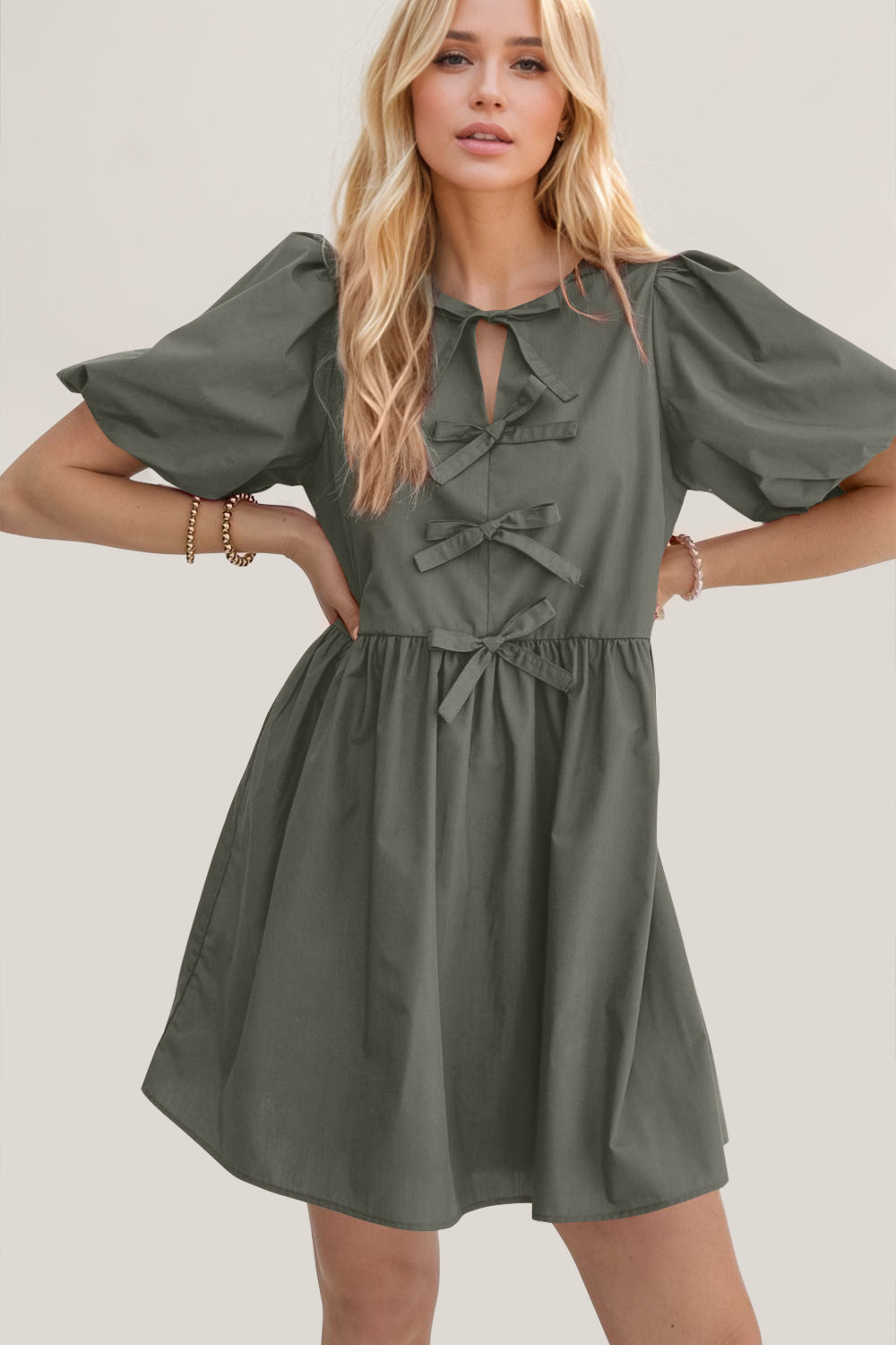 Elegant Ruched Puff Sleeve Mini Dress Vintage Bow Detail Cute Short Dress for Women