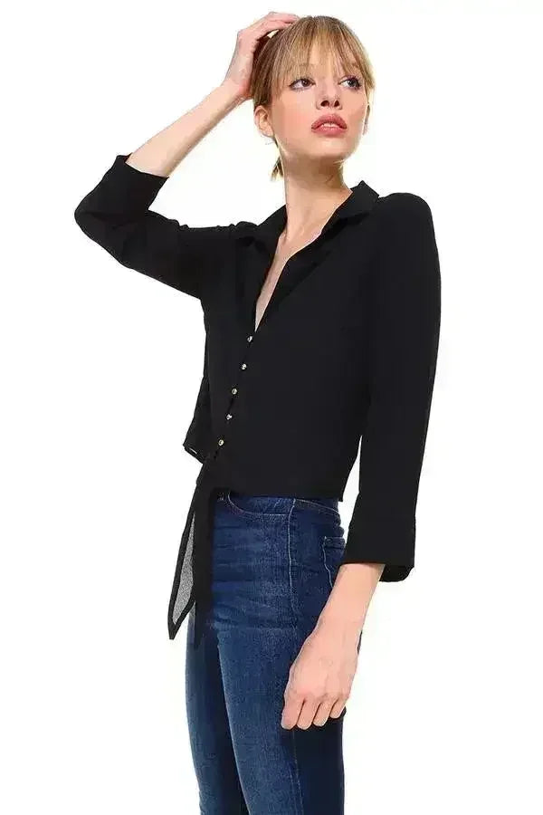 Solid Button Down Tie Front Blouse | Femstylo