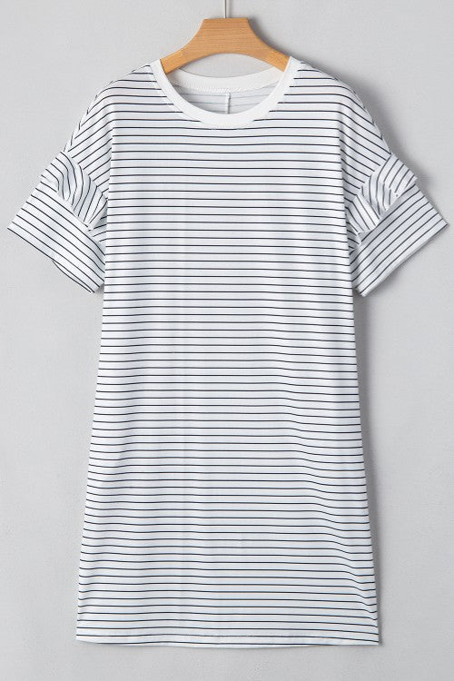 White Striped Round Neck Short Sleeve Mini Dress Casual & Playful Everyday Look Dress