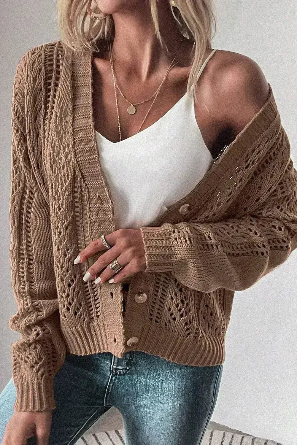 Dark Khaki Cardigan – Open Knit Drop Shoulder Sweater | Cotton-Acrylic Blend