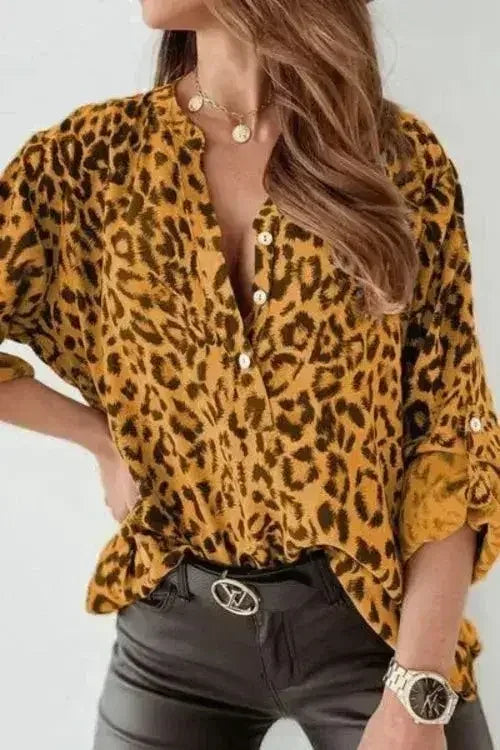 Leopard Button Detail Notched Long Sleeve Blouse | Femstylo