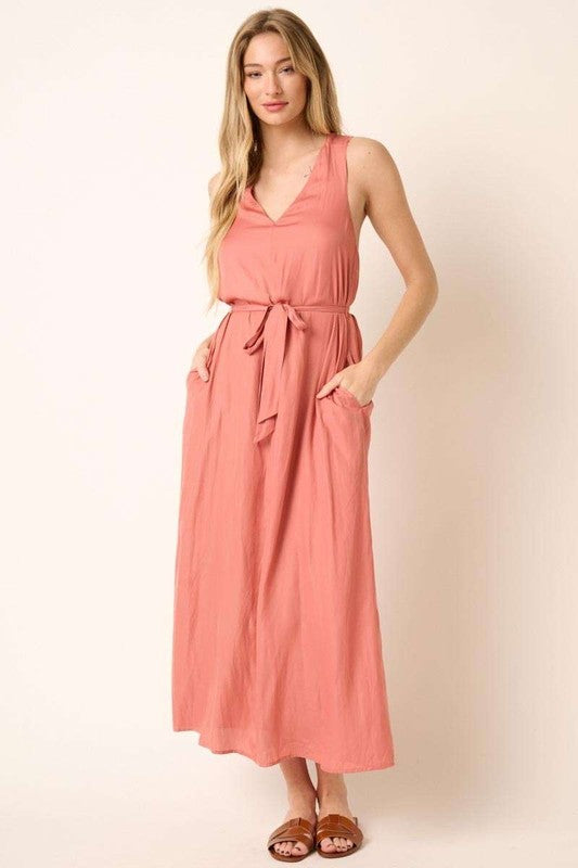 Cross Back Belted V Neck Tank Maxi Dress for Women – Flattering, Chic and Elegant Event Style