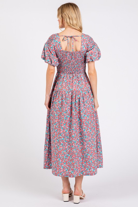 New Summer Smocked Floral Square Neck Puff Sleeve Midi Dress – Vintage-Inspired, Feminine, Trendy, Romantic, and Flattering Fit