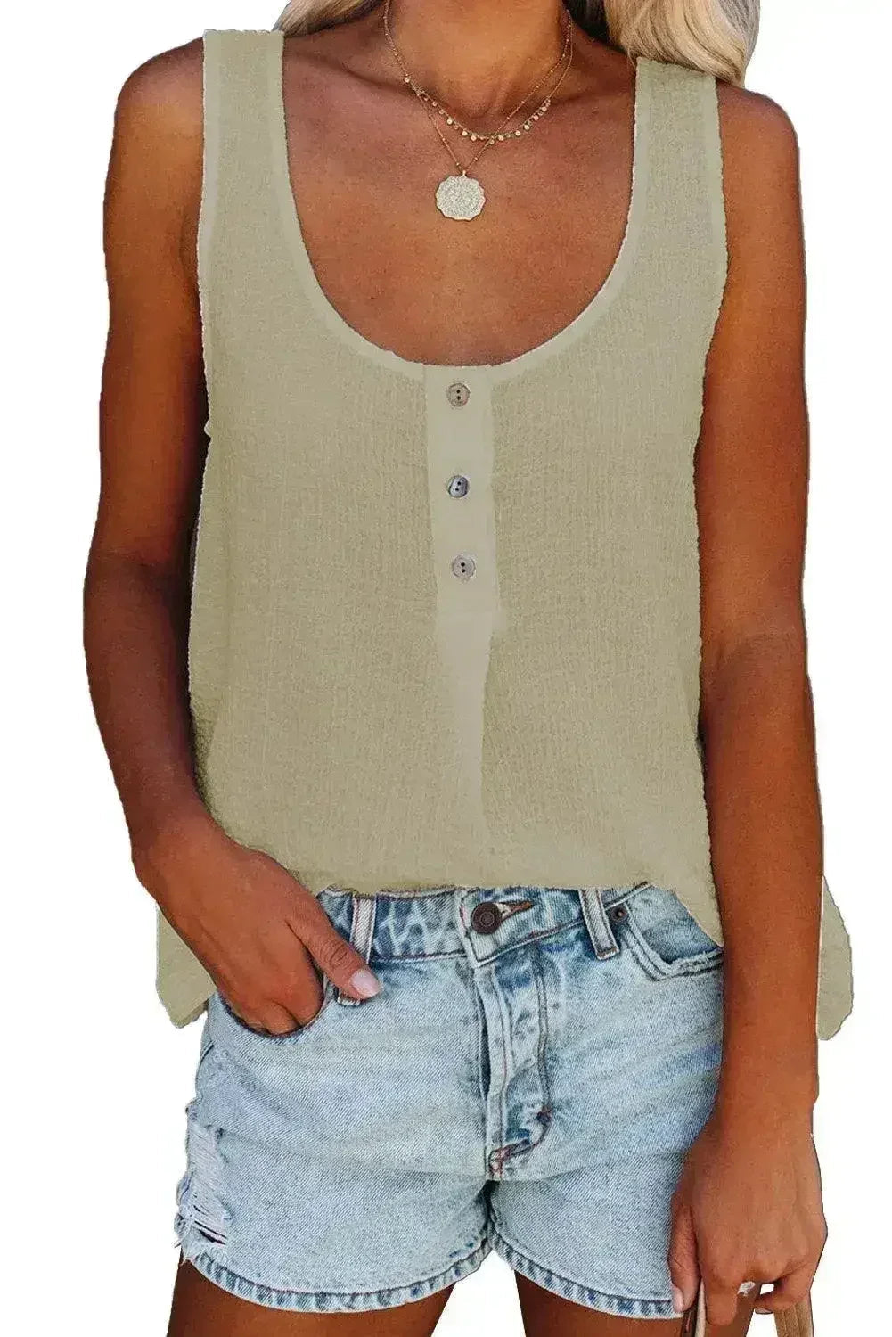 Button Textured Cotton Tank Top