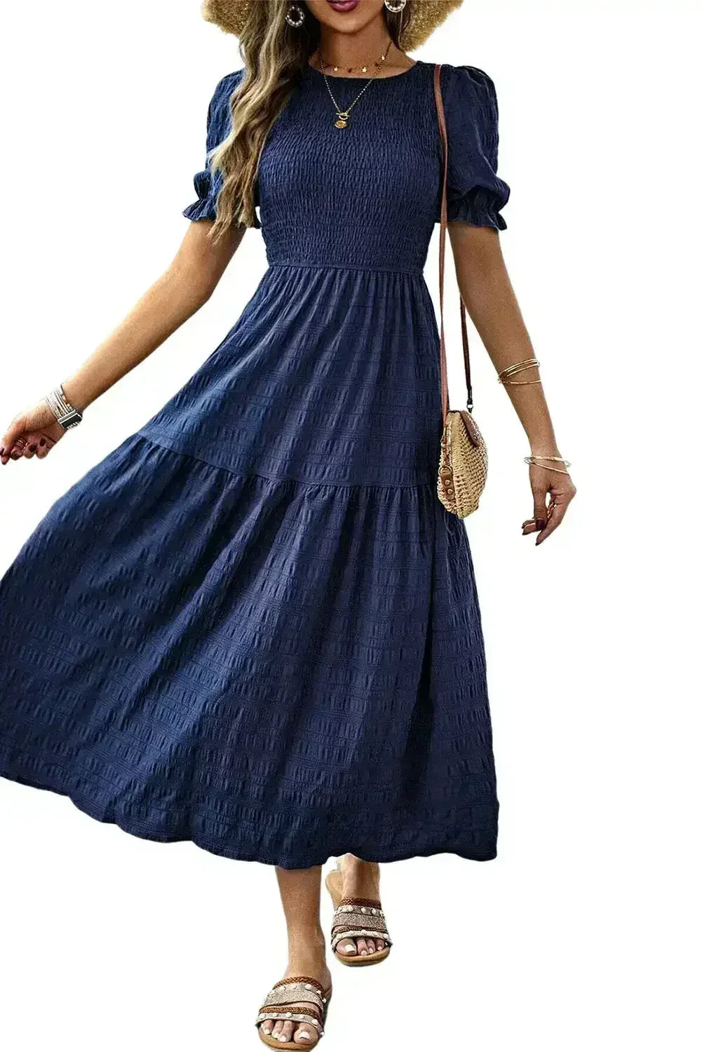 Sail Blue Solid Textured Smocked High Waist Midi Dress