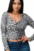 Animal Print Crop Top - Ruched Long Sleeve Blouse in Grey & Brown | Femstylo
