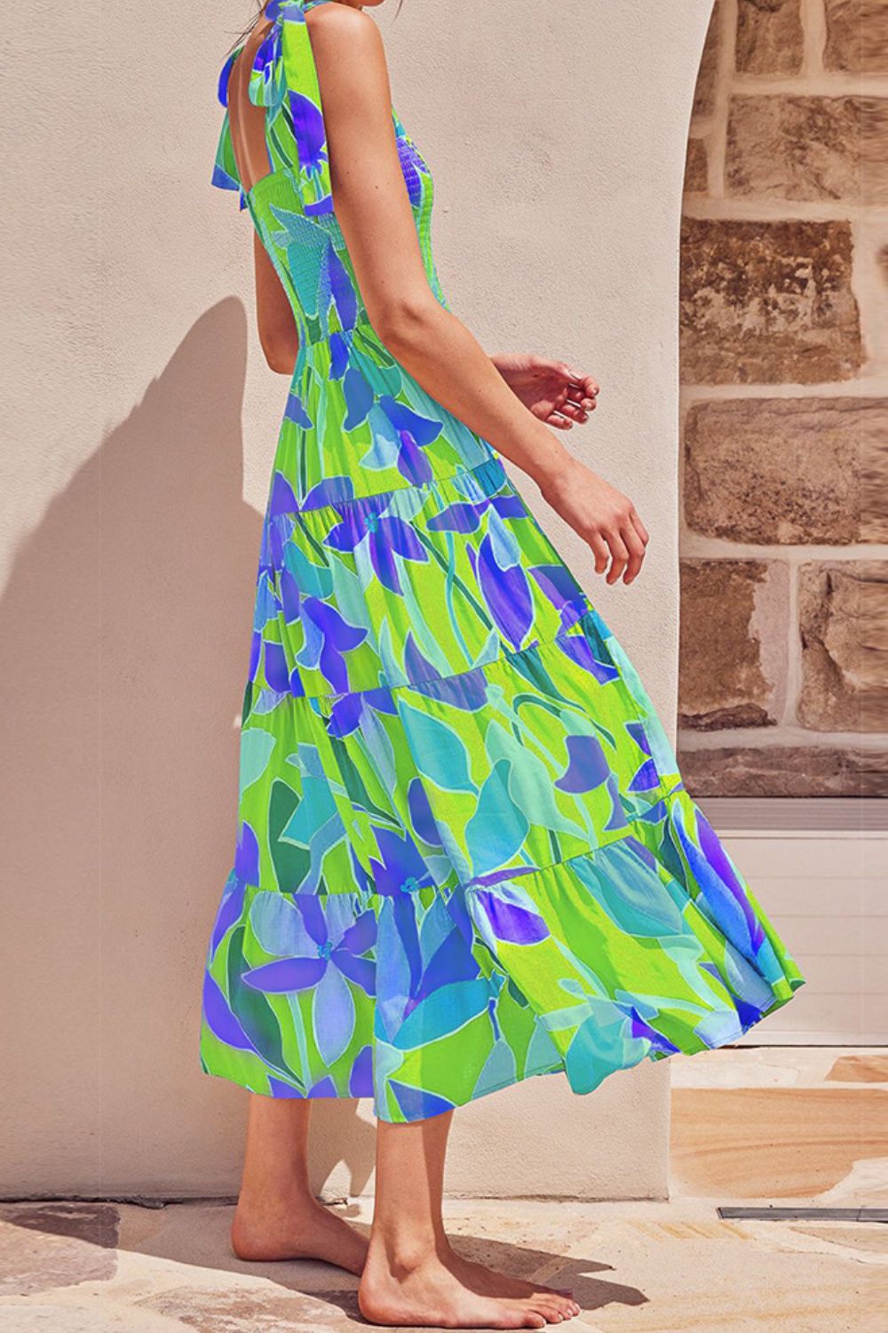 Long Floral Tie-Shoulder Smocked Midi Dress Perfect For Vacation & Summer Days
