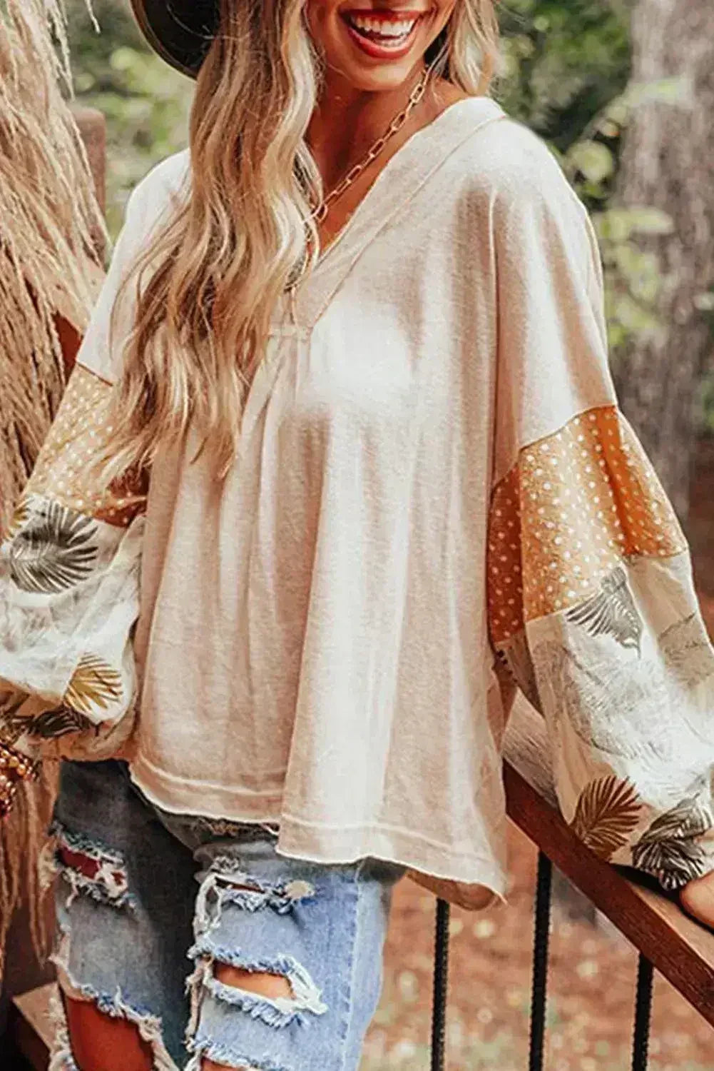 Puff Sleeve Patchwork Blouse - Tropical Print Top | Femstylo