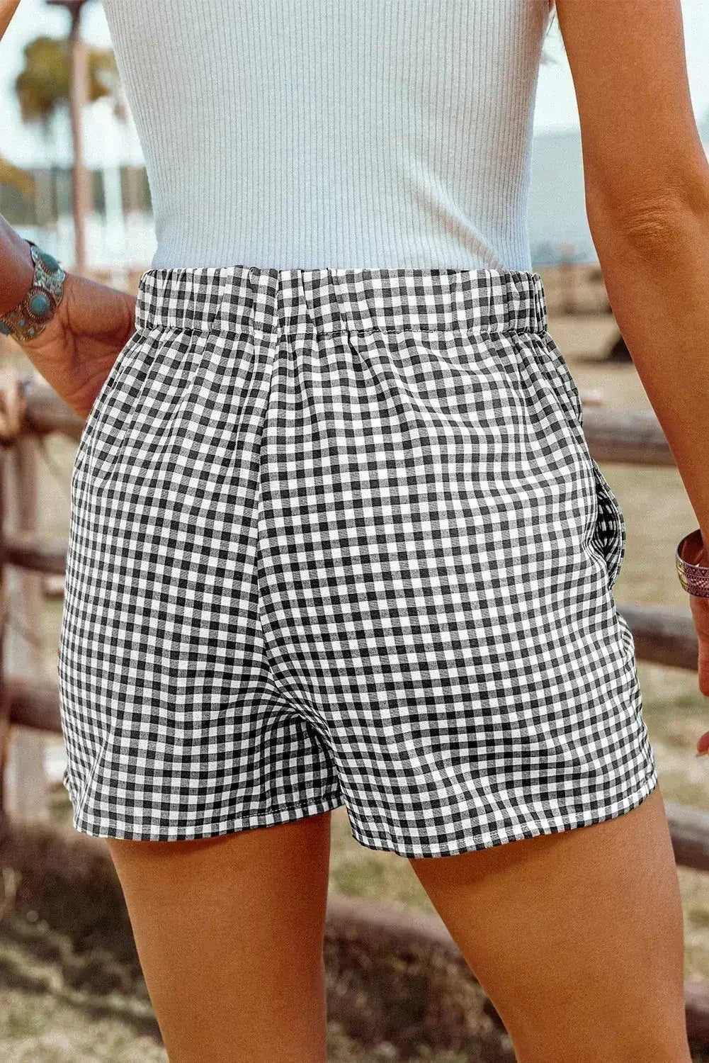 Blue Vintage Gingham Print High Waisted Loose Shorts