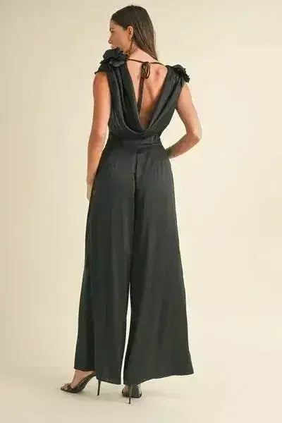 3D Floral Jumpsuit - Cowl Neck Satin Romper | Femstylo