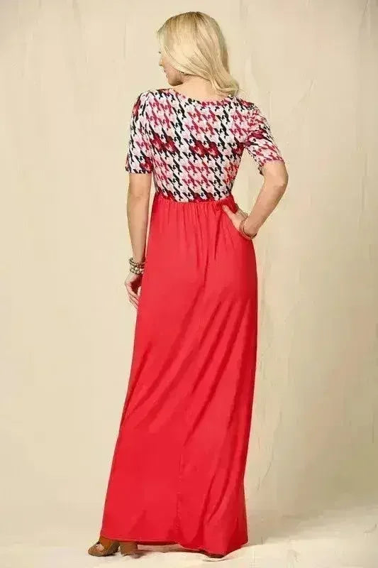 Houndstooth Maxi Dress | Short Sleeve Pocketed Style | Femstylo