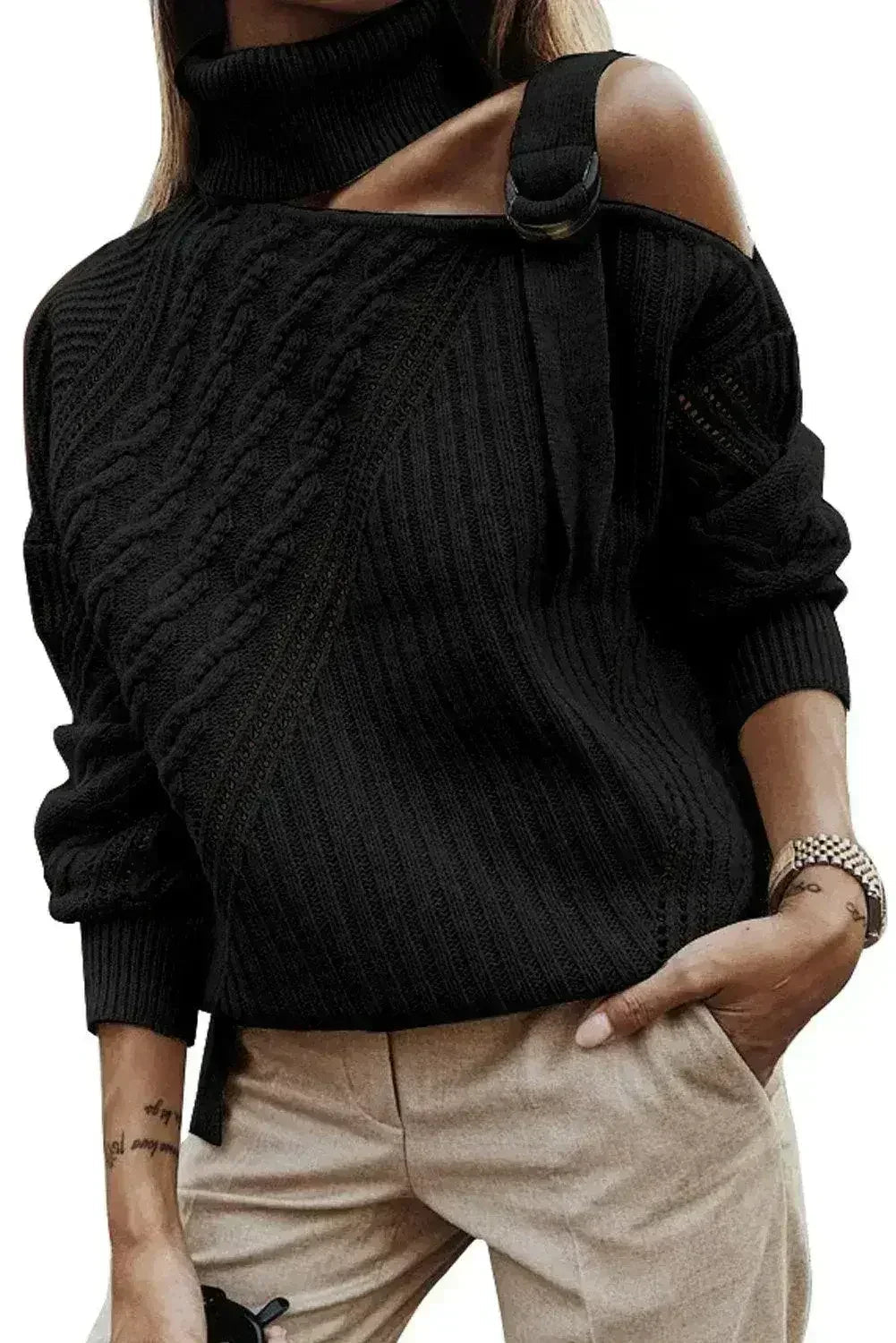 Winter Black Strapped Cut out Shoulder Turtleneck Sweater