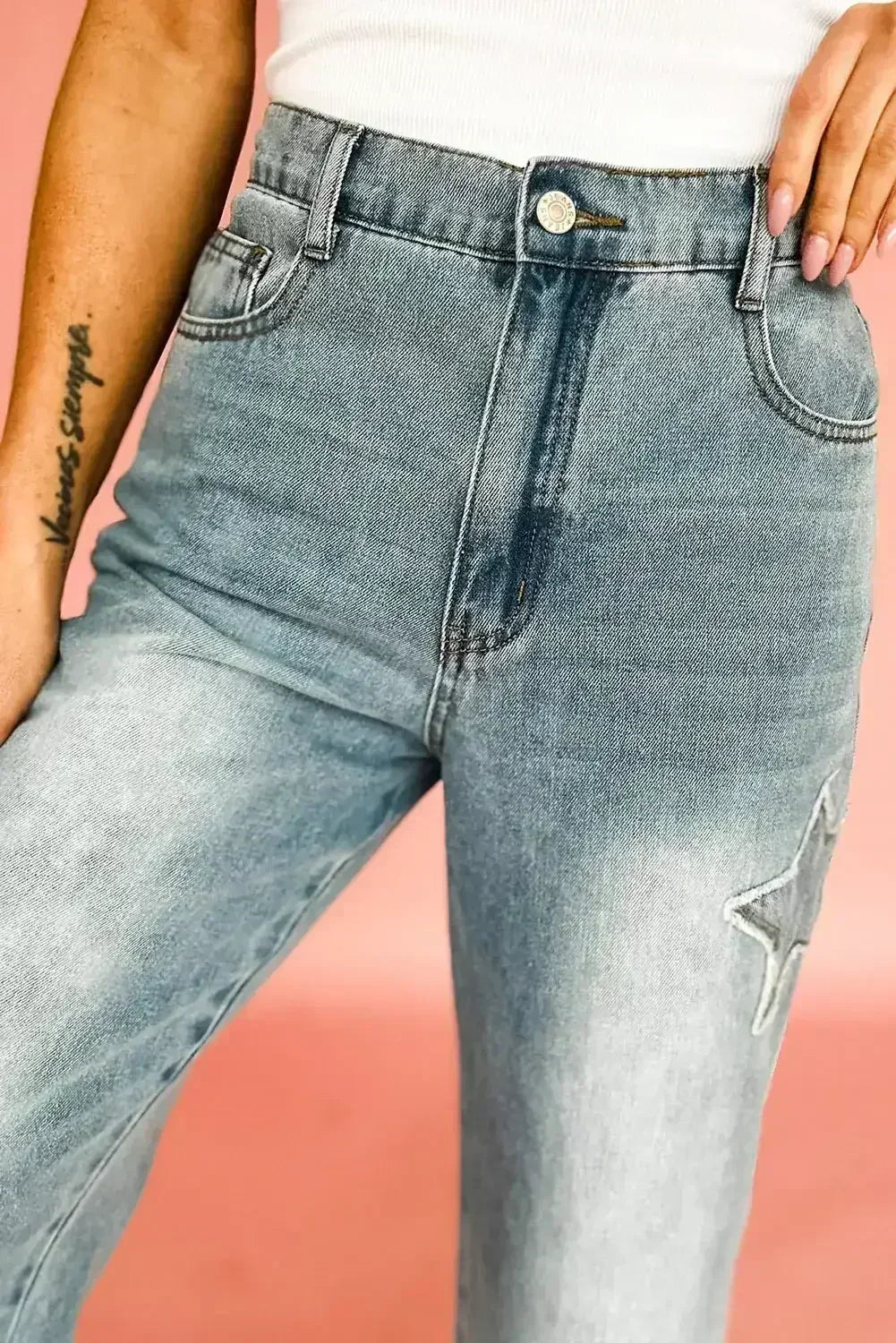 Stone Blue Star Patchwork Light Wash Wide Leg High Waist Jeans