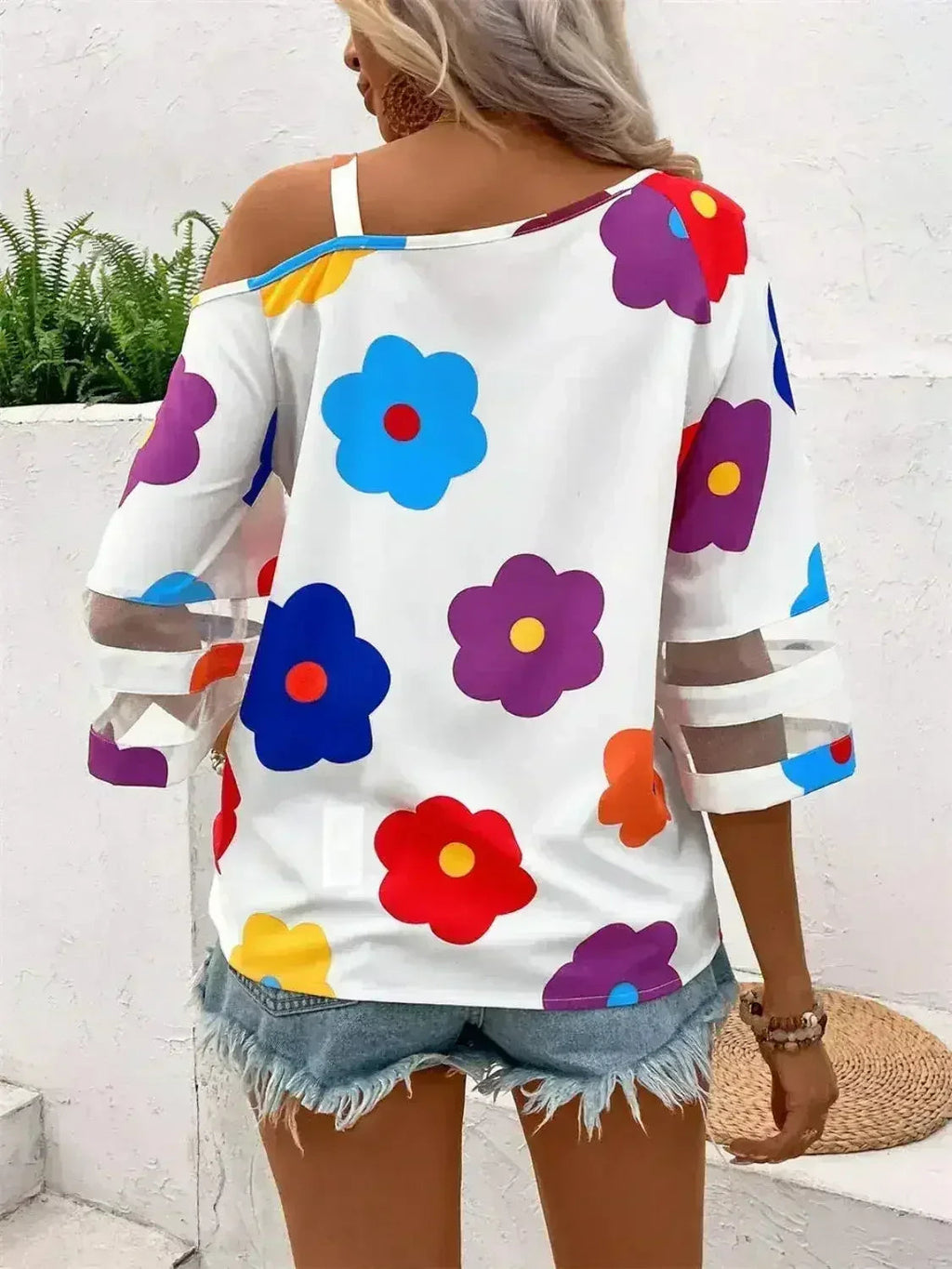 White Color Flower Asymmetrical Neck Blouse | Femstylo