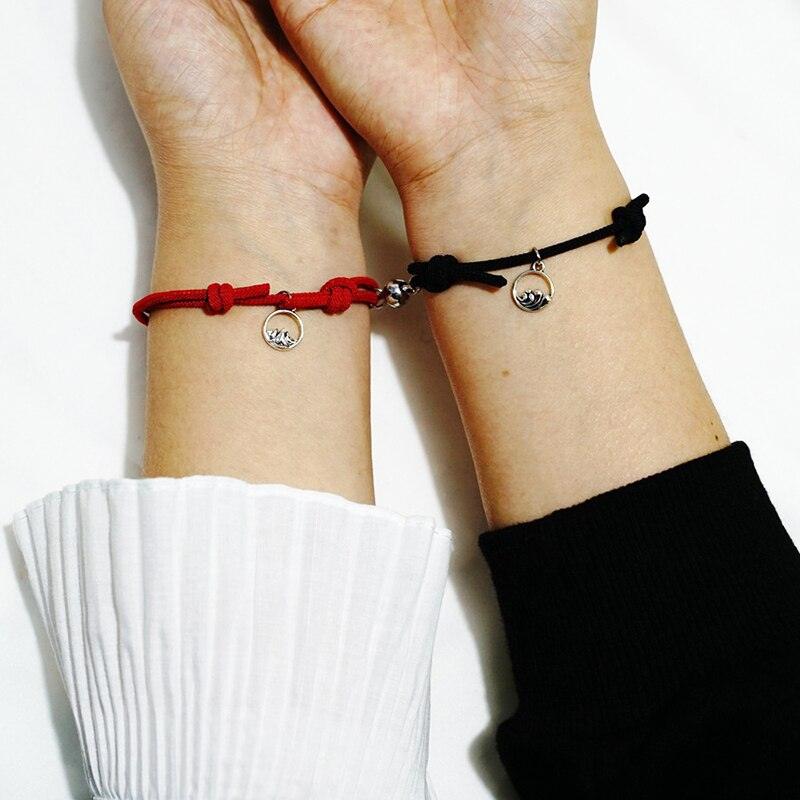 1 Pair Magnet Couple Bracelets Fashion Simple Solid Color Couple Bracelet Pendants Weaving Bracelet Adjustable Mutual Attraction Weave Rope Braided Charm Pendants Bracelet With Magnetic Bells Vows Of Eternal Love Bracelet For Women Men Gift