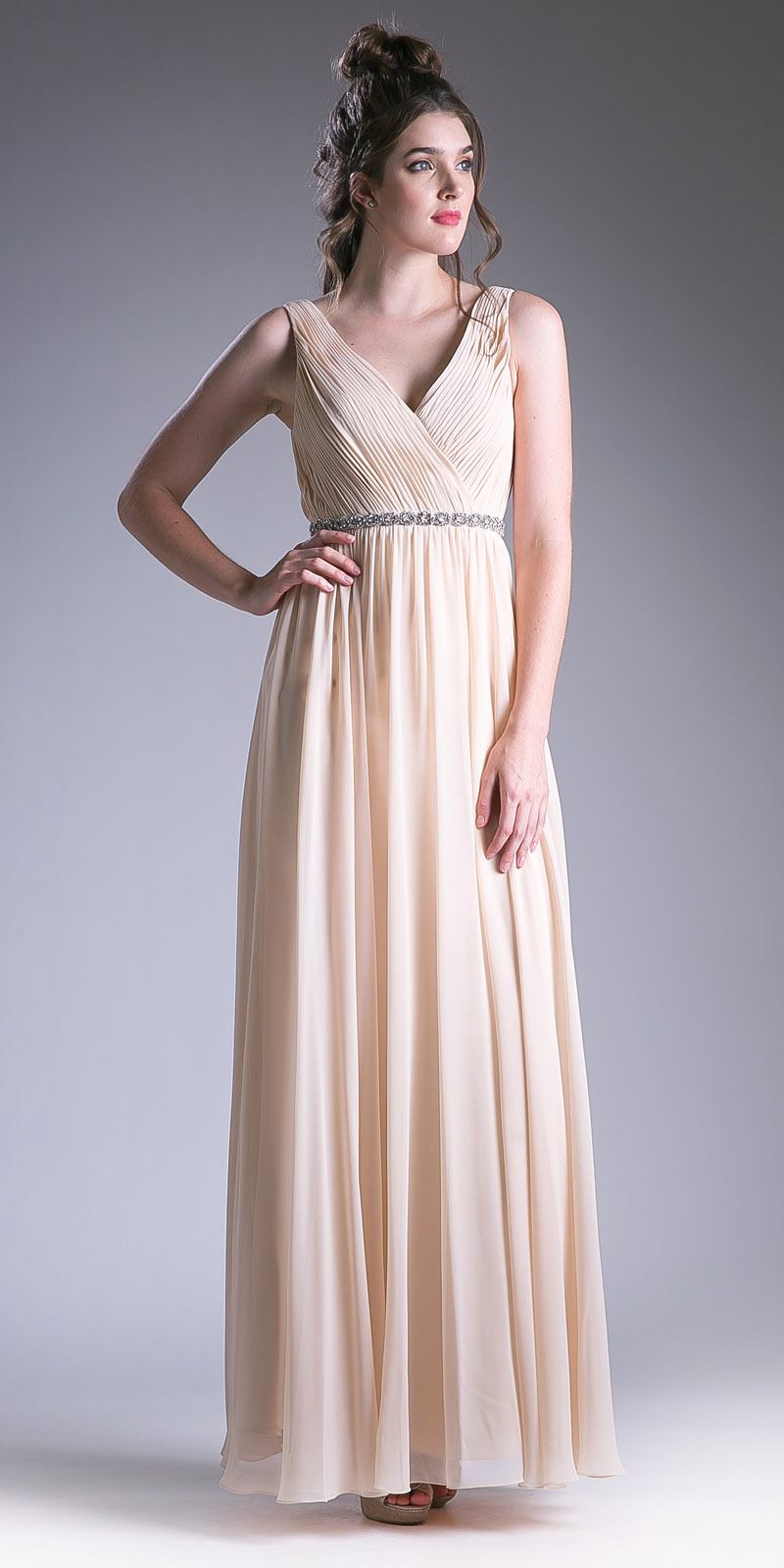 Cinderella Divine 1001 Ruched V-Neck A-line Long Chiffon Dress
