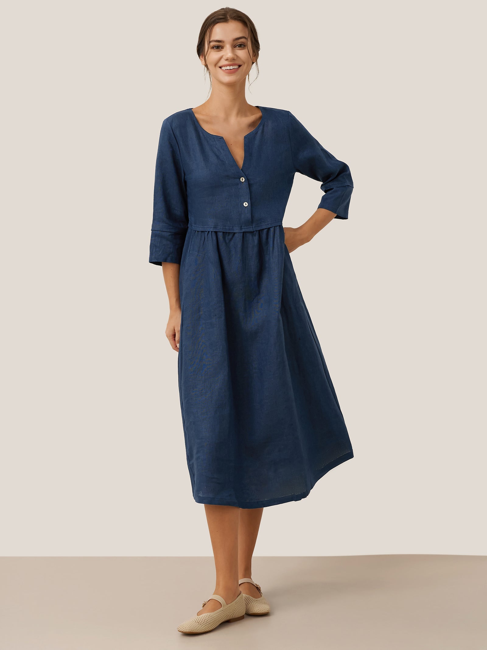 100% Linen Loose Fit Button Waist Gathered Midi Dress LUNA