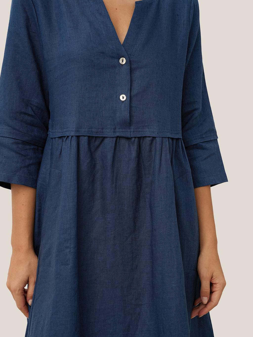 100% Linen Loose Fit Button Waist Gathered Midi Dress LUNA