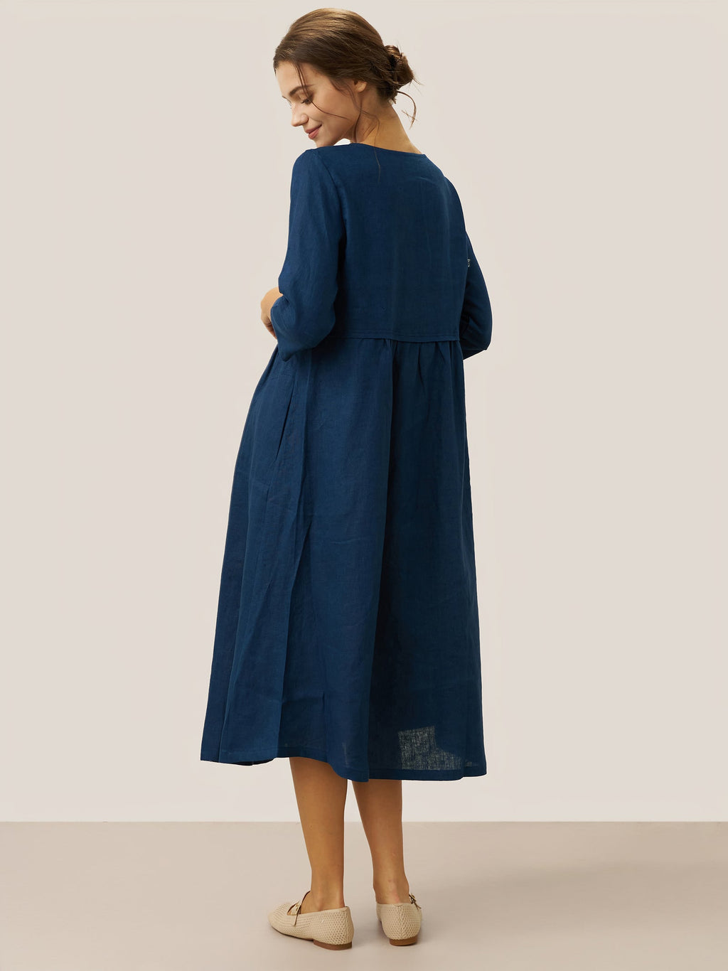 100% Linen Loose Fit Button Waist Gathered Midi Dress LUNA