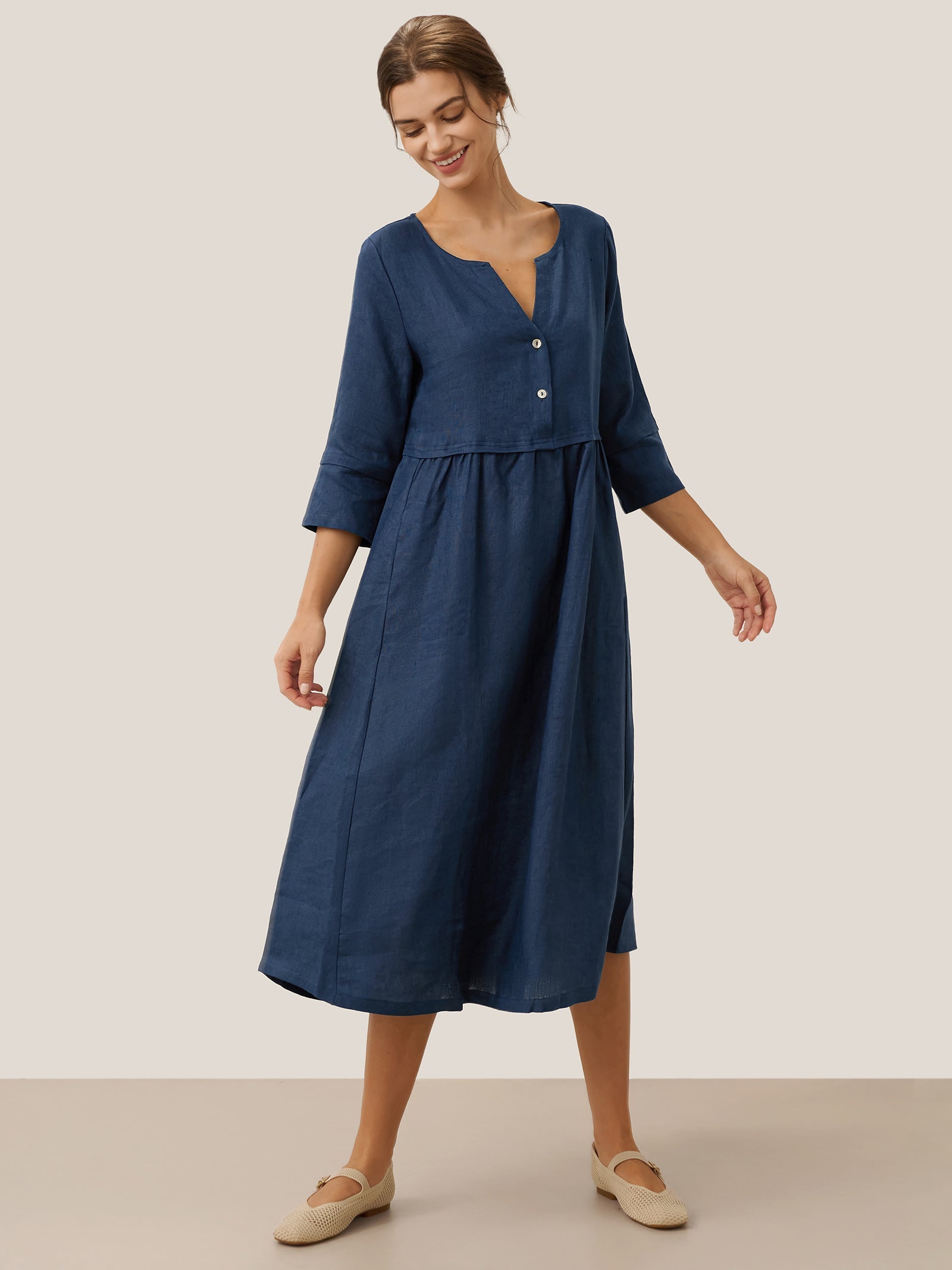 100% Linen Loose Fit Button Waist Gathered Midi Dress LUNA