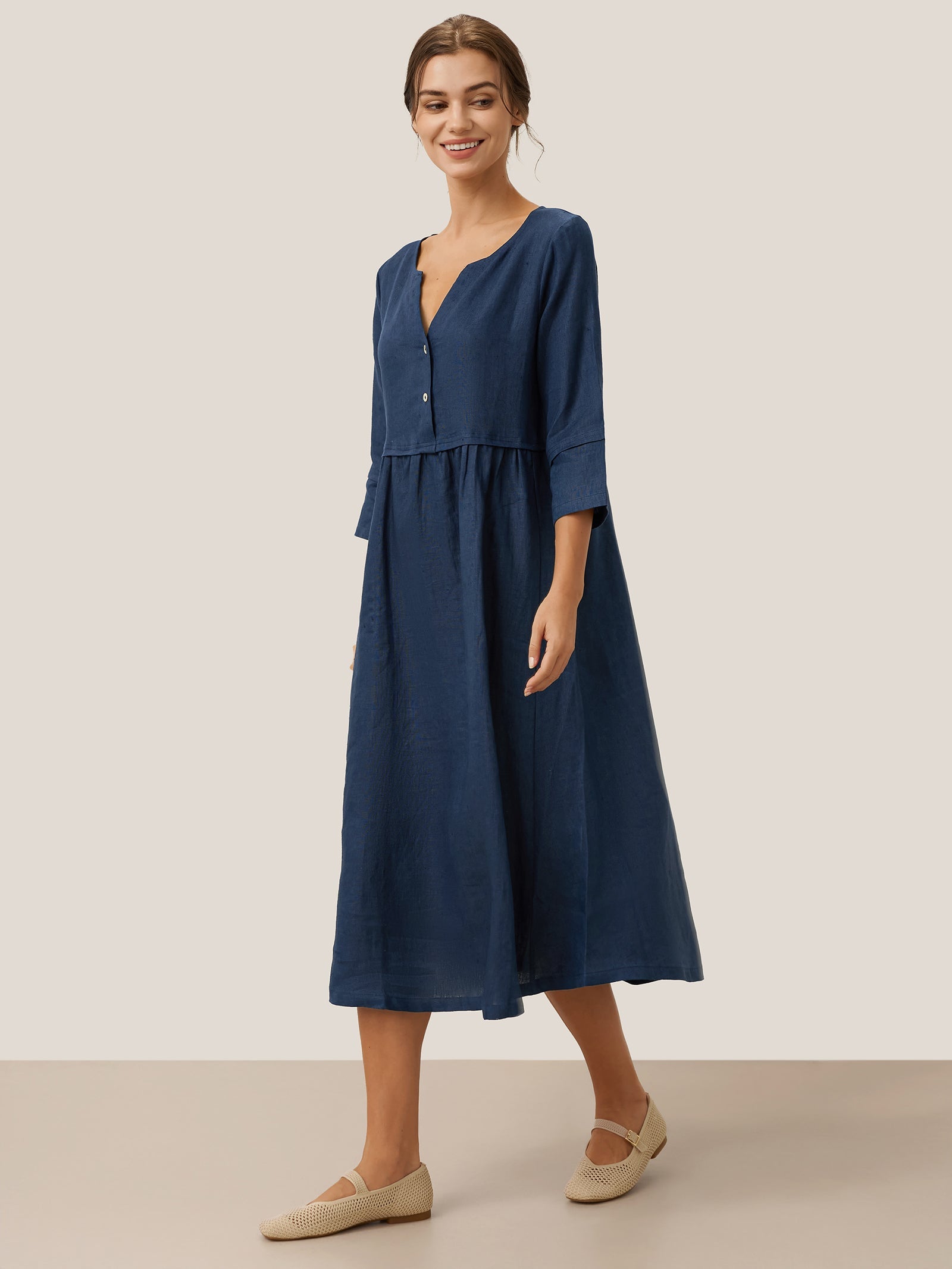 100% Linen Loose Fit Button Waist Gathered Midi Dress LUNA