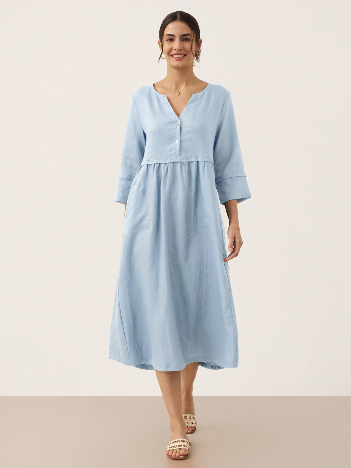 100% Linen Loose Fit Button Waist Gathered Midi Dress LUNA