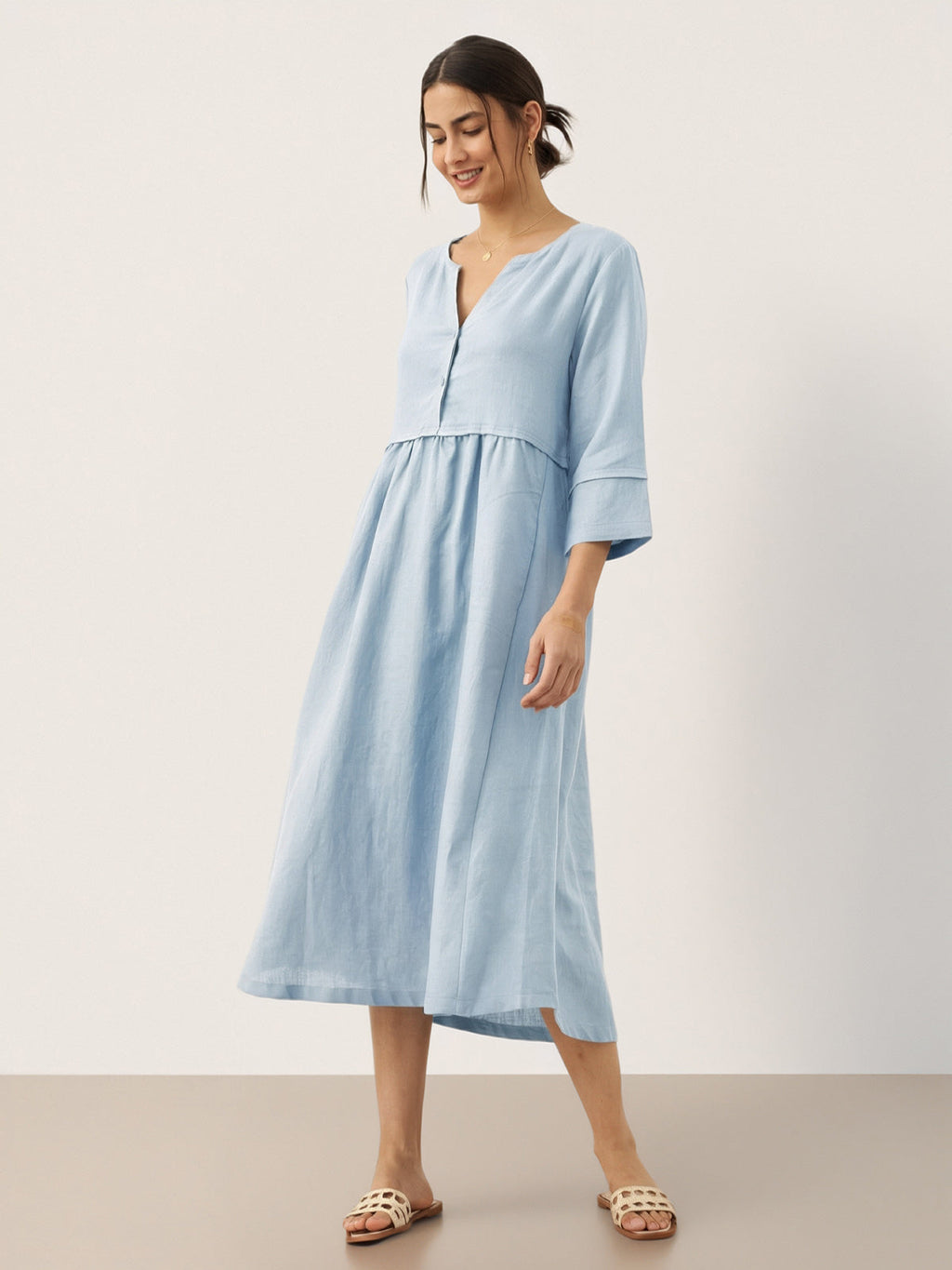 100% Linen Loose Fit Button Waist Gathered Midi Dress LUNA
