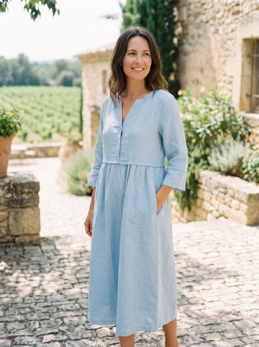 100% Linen Loose Fit Button Waist Gathered Midi Dress LUNA